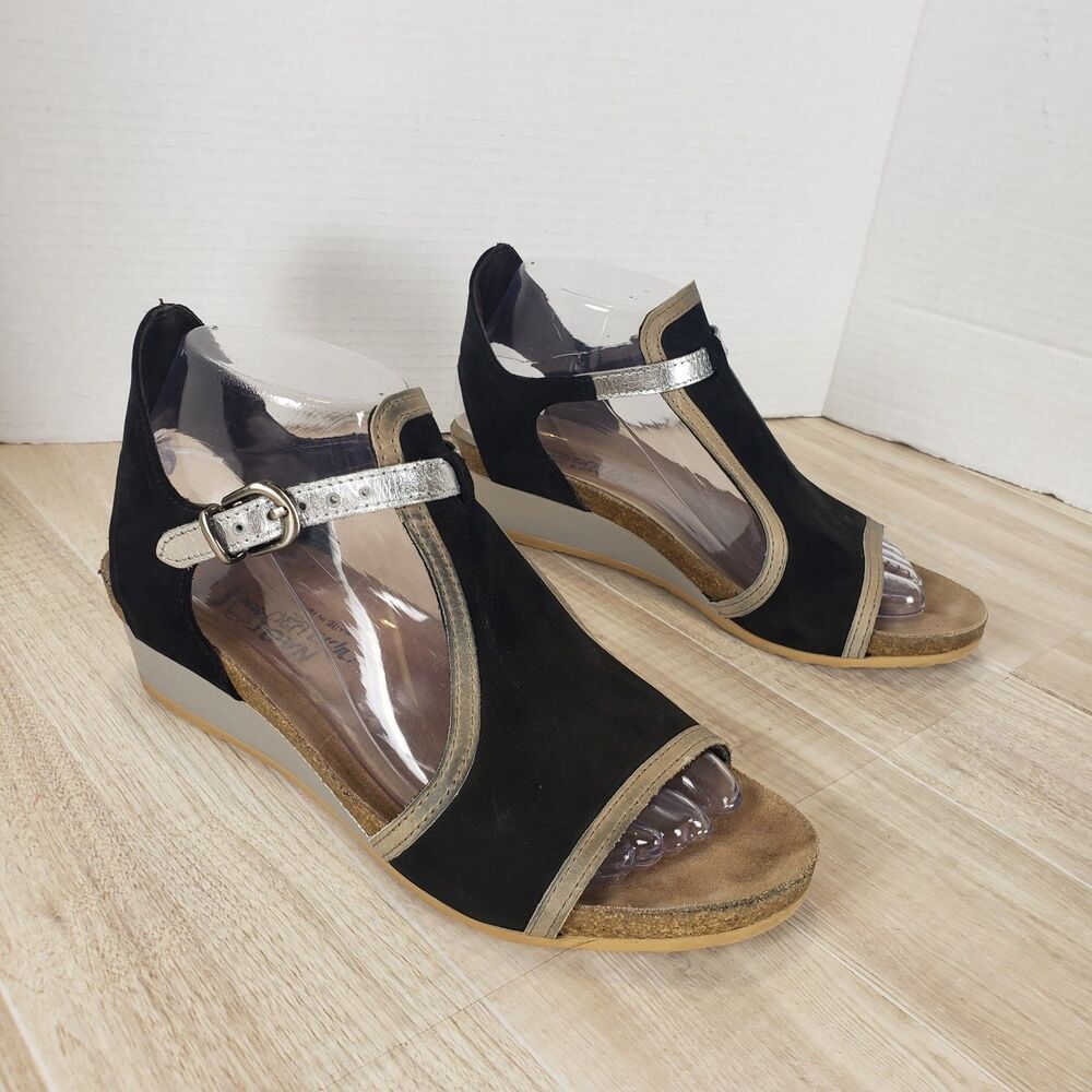 NAOT Fiona Sandals Womens Sz EU 38 US 7.5 Black Silver Velvet Wedge